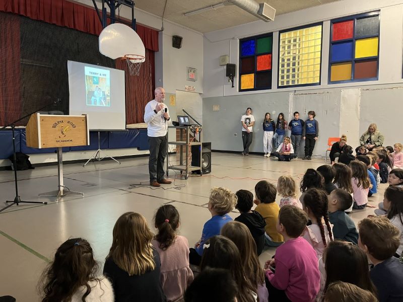 Fred Fox, Terry’s Fox’s brother, speaks with students at Rolph Road School.