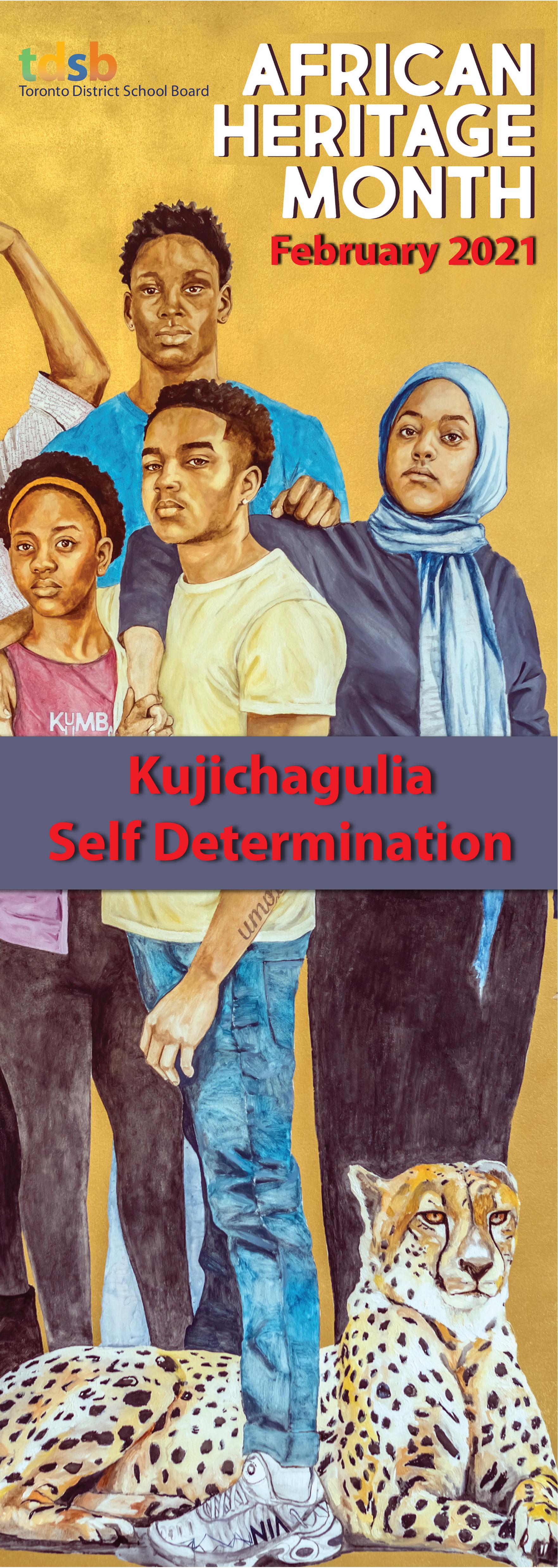 The artwork for the poster was created by students from Downsview Secondary School in 2020 under the leadership of their teacher, Matthew Chapman.  Five principles of Kwanzaa are presented in this painting including the theme for 2021, Kujichagulia (Self Determination), which can be found in the fabric of one of the shirts.