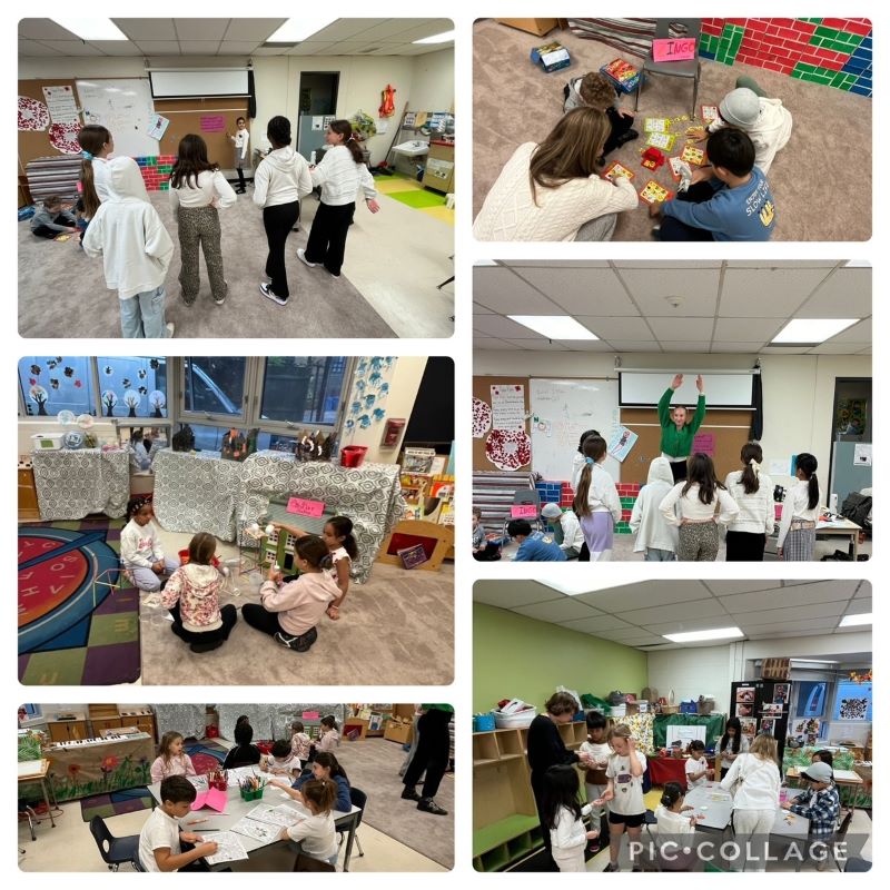 A collage of six photos, each photo showing student groups with a combination of older and younger students engaged in various activities as part of their mentoring program. Activities include students playing cards, coloring, and building play structures together in a classroom setting.