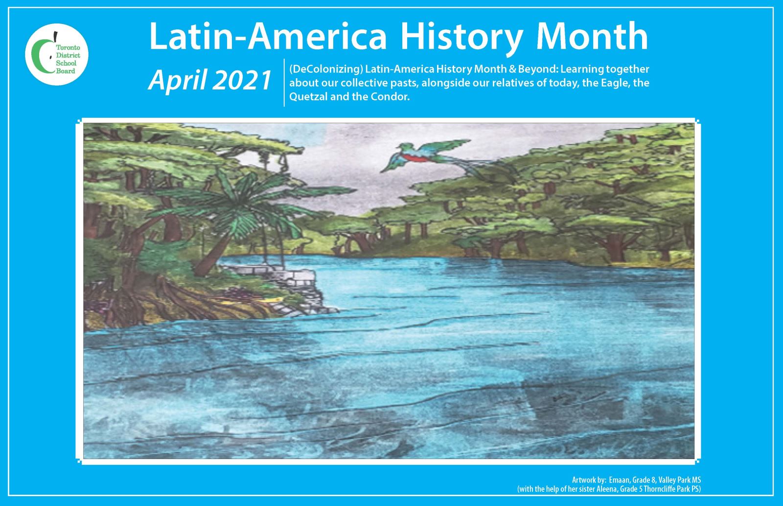 Art drawn by Grade 8 student showing a bird flying above water for Latin-America History Month