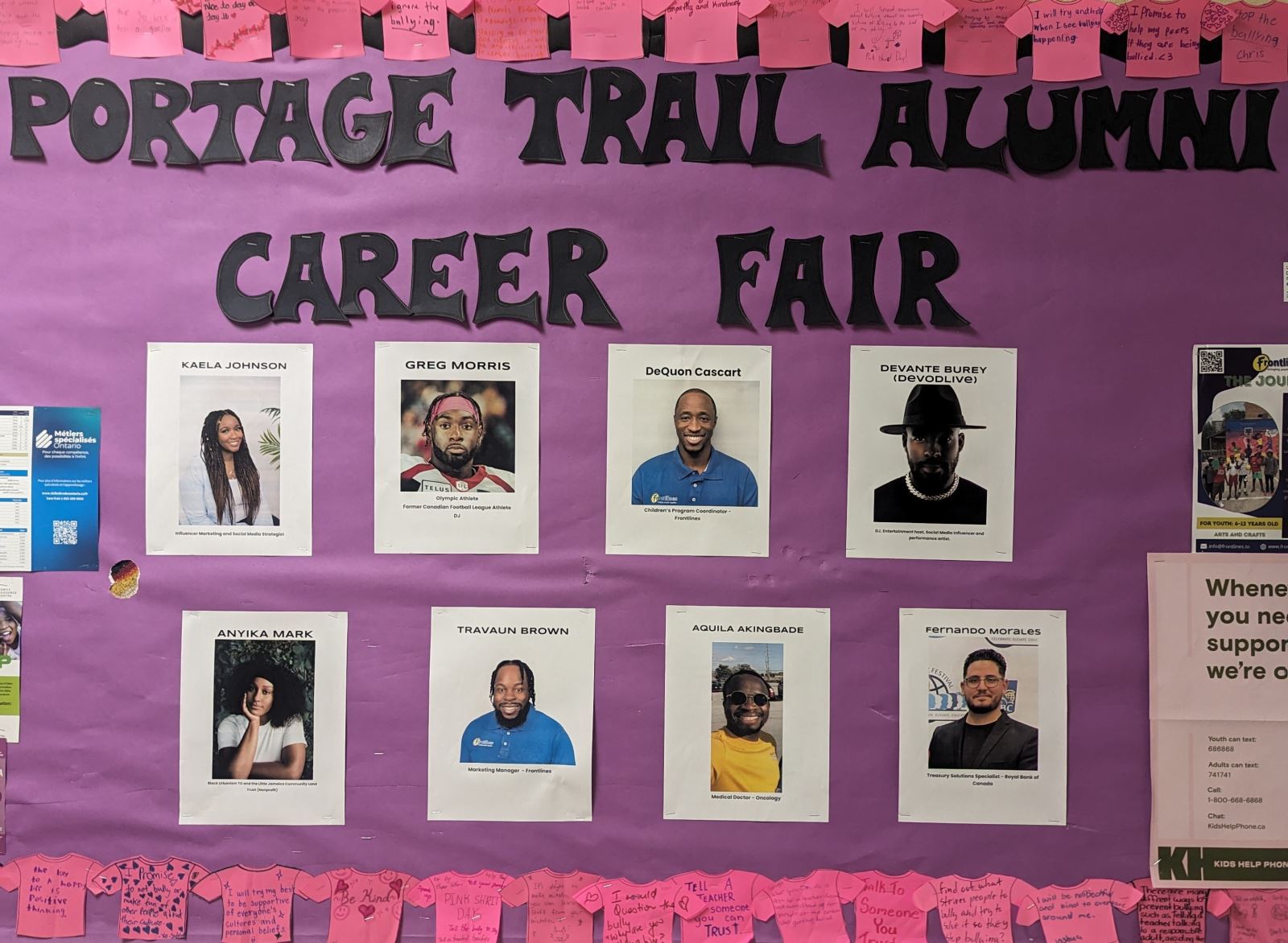 Bulletin board advertising the Portage Trail Community School Alumni Career Fair featuring the list of guest speakers.
