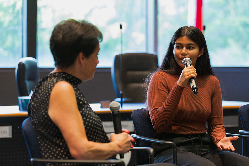 TDSB Top Scholar Arisha Mahey being interviewed by Shari Schwartz-Maltz, TDSB’s Manager of Media & Issues in the TDSB Boardroom.
 Open Gallery