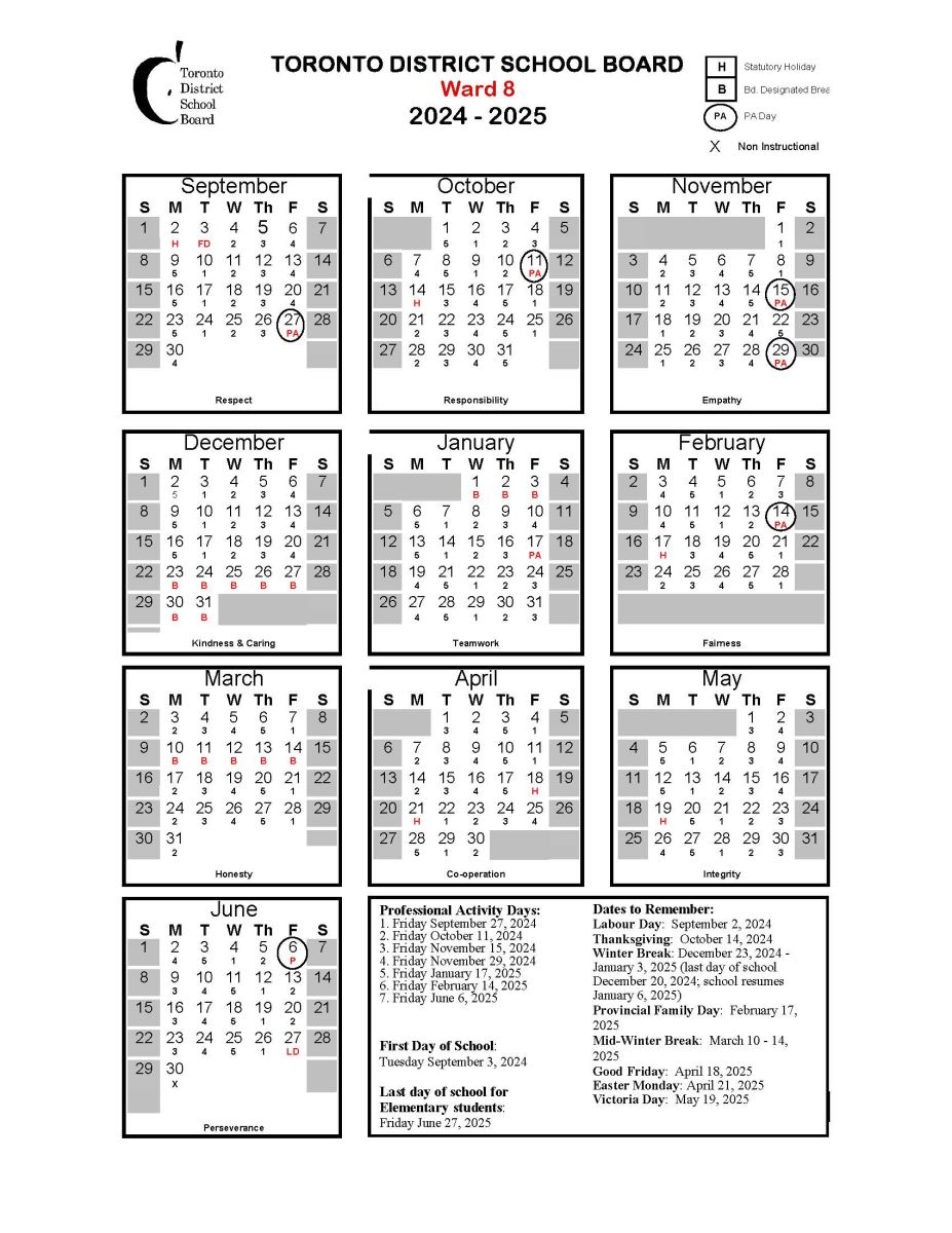Ward 8 2024-2025 Elementary Calendar